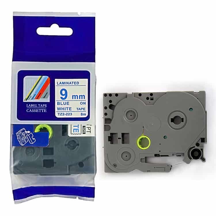 NHÃN IN BROTHER TZE-223 CHỮ XANH DƯƠNG NỀN TRẮNG 9MM