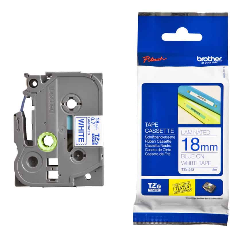 NHÃN IN BROTHER TZE-243 CHỮ XANH DƯƠNG NỀN TRẮNG 18MM