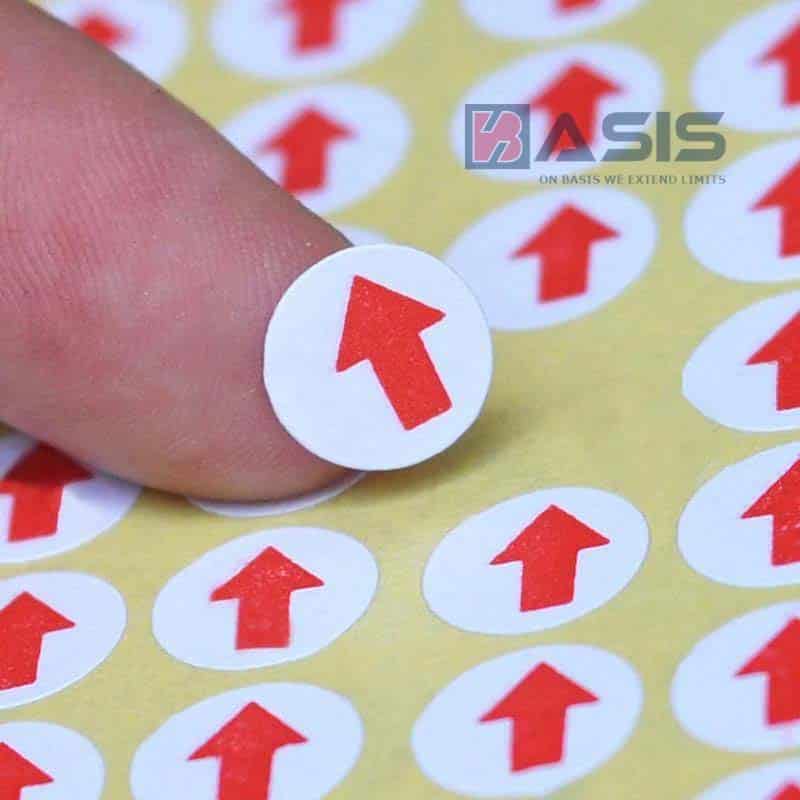 Tem dán lỗi sản phẩm, decal mũi tên đỏ